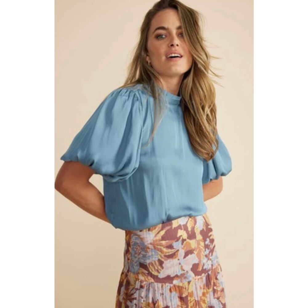 Mink Pink Womens M Blue Ines Puff Short Sleeve Silky Pullover Workwear Blouse